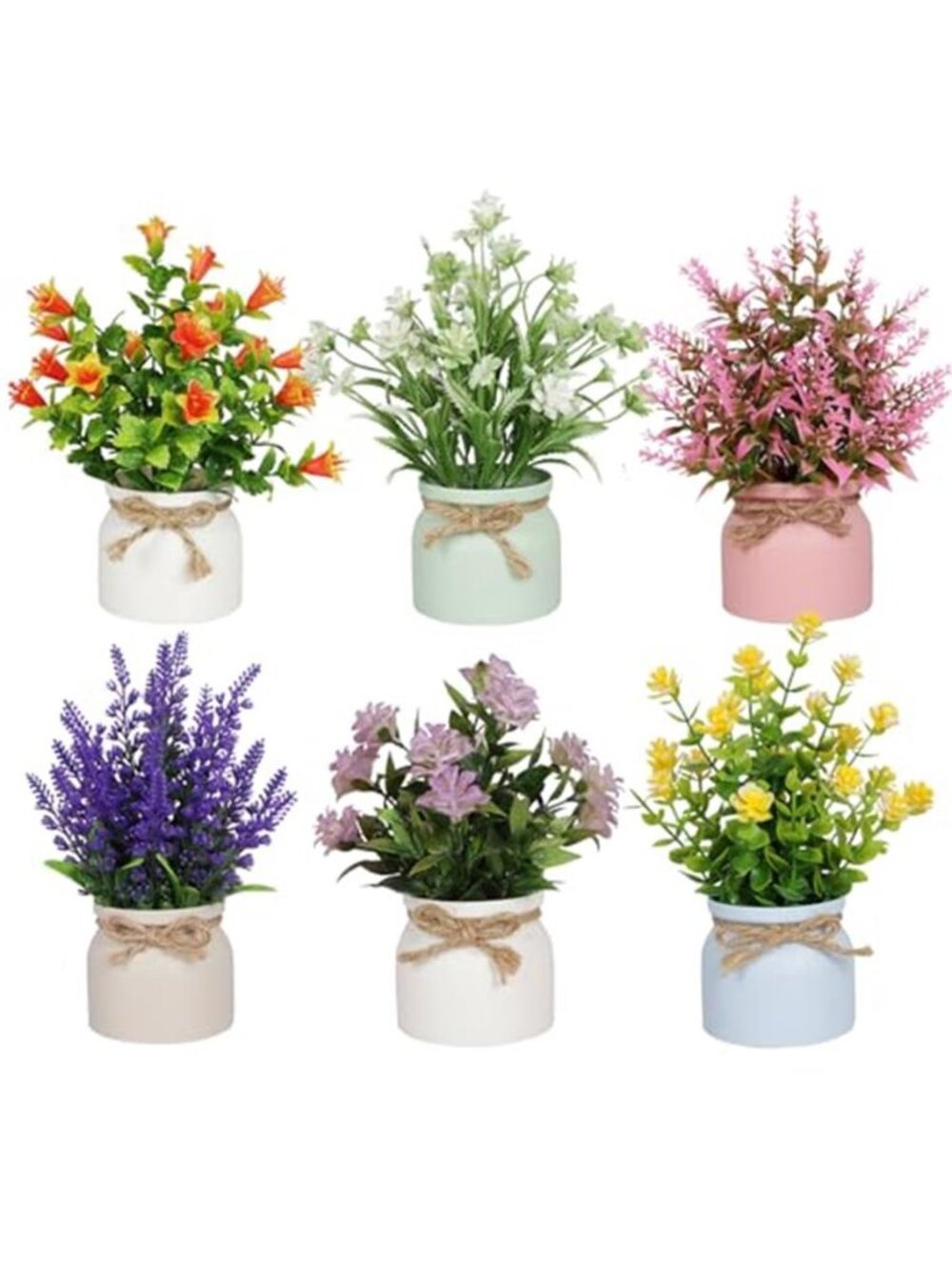 Artificial Potted Flowers Faux Plants Mini Home Office Shelf Decor 6 Piece Set